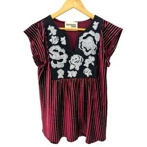 Savanna Jane Top Small Burgundy Velvet Metallic Stripe Silver Floral Embroidered